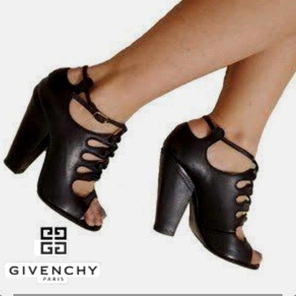 Givenchy Black Leather Peep Toe Lace Up Booties Boots Heels Size 7.5